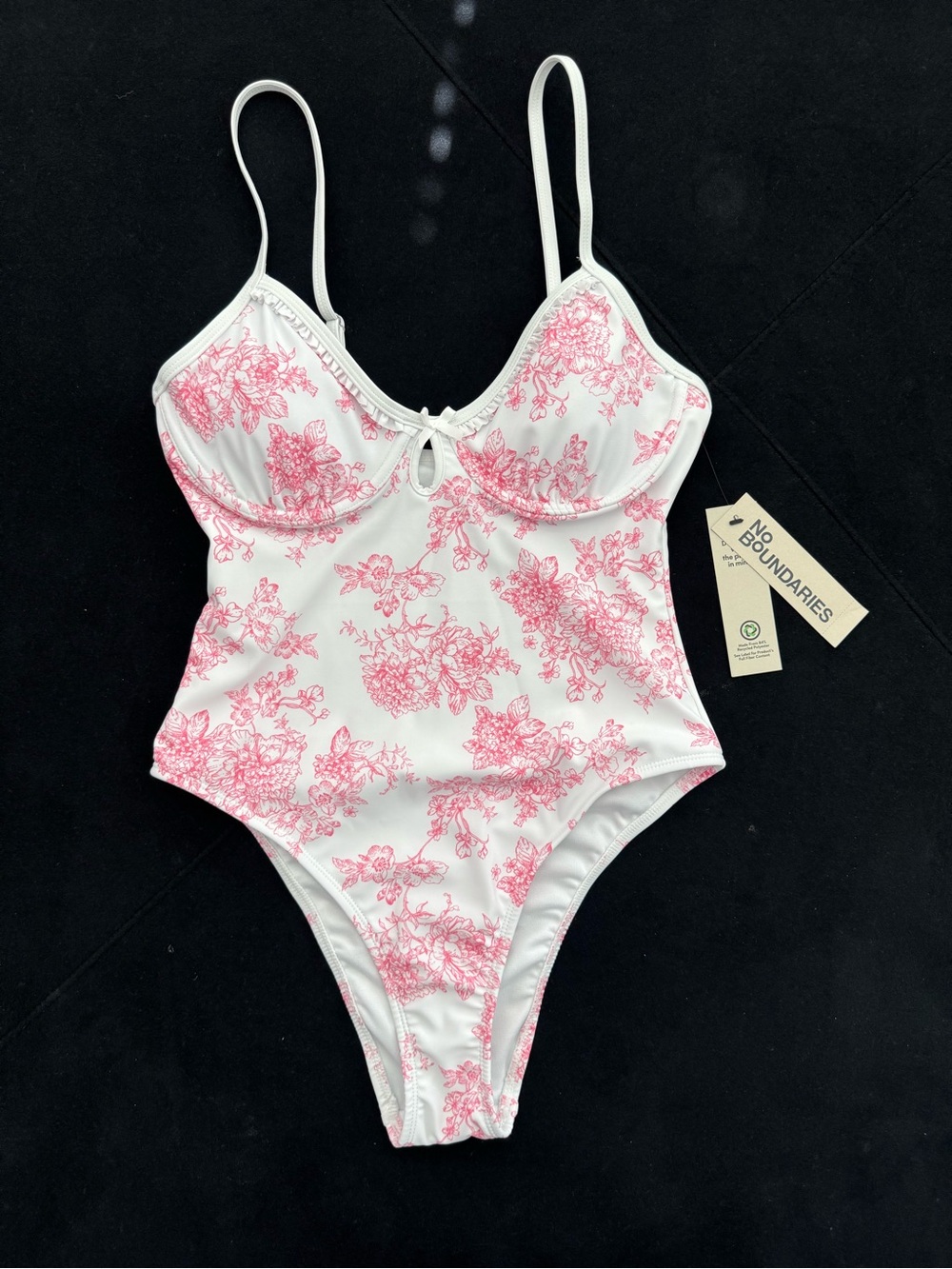 No Boundaries White One-Piece Swimsuit with Pink Floral Print